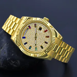 41MM CZ Pave Dial Rainbow Hours Day Watch