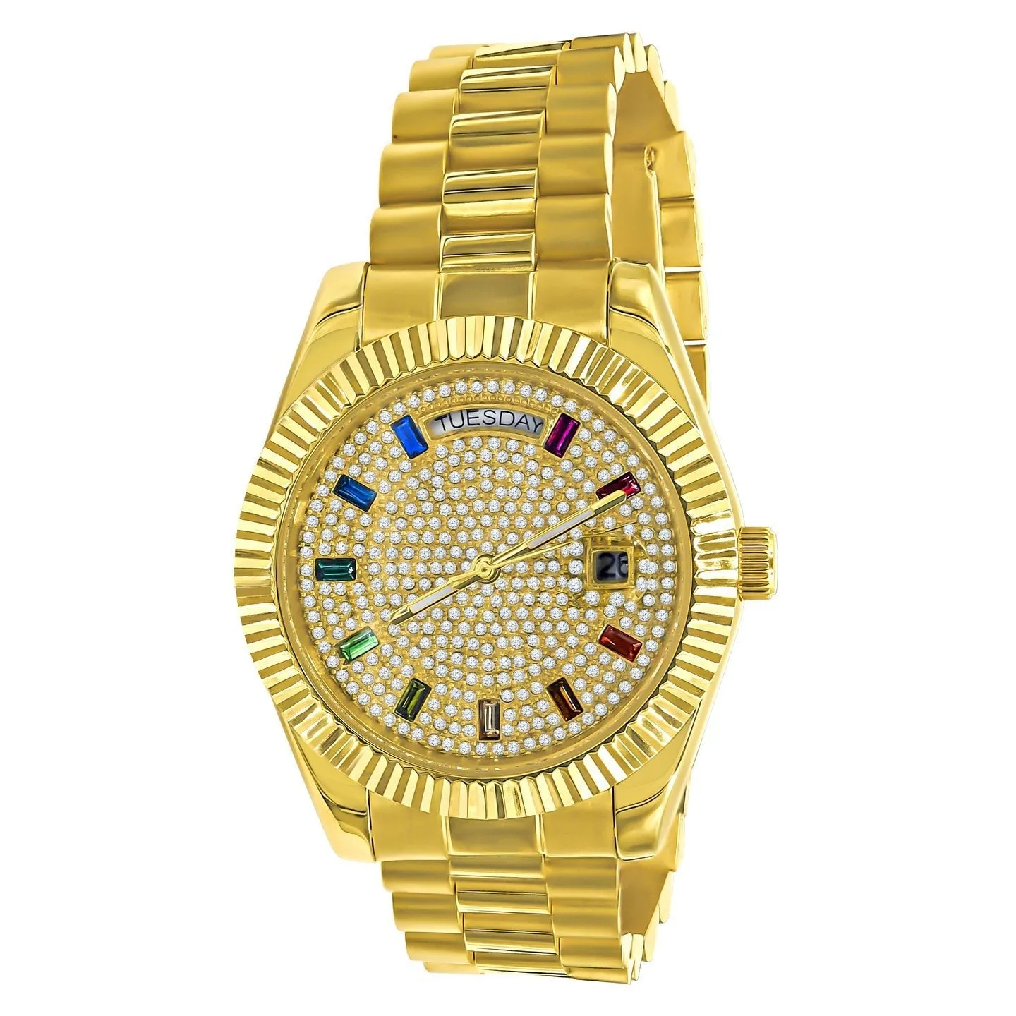 41MM CZ Pave Dial Rainbow Hours Day Watch