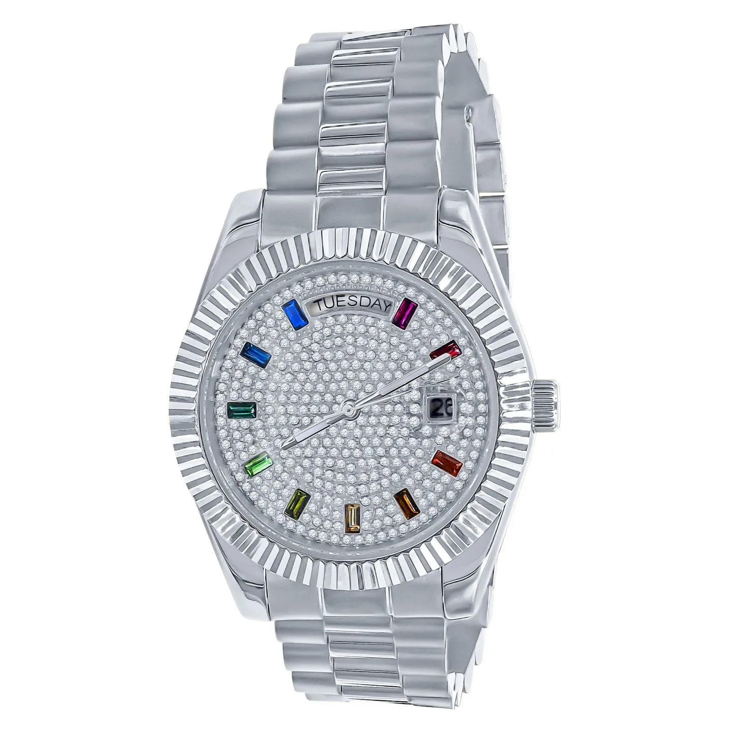 41MM CZ Pave Dial Rainbow Hours Day Watch