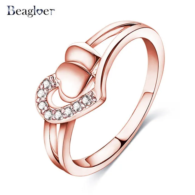 Beagloer Two-Tone Connected Rose Gold/Silver Color Love Heart Wedding Ring Promise Anillos CRI1035