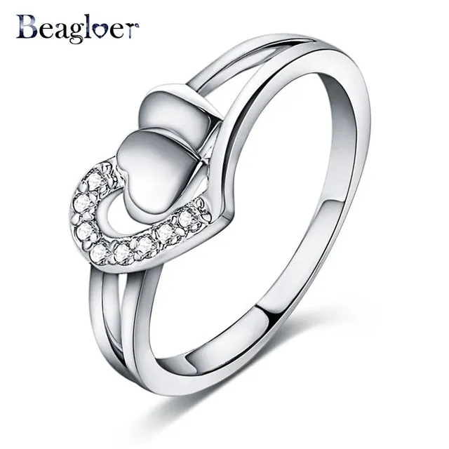 Beagloer Two-Tone Connected Rose Gold/Silver Color Love Heart Wedding Ring Promise Anillos CRI1035