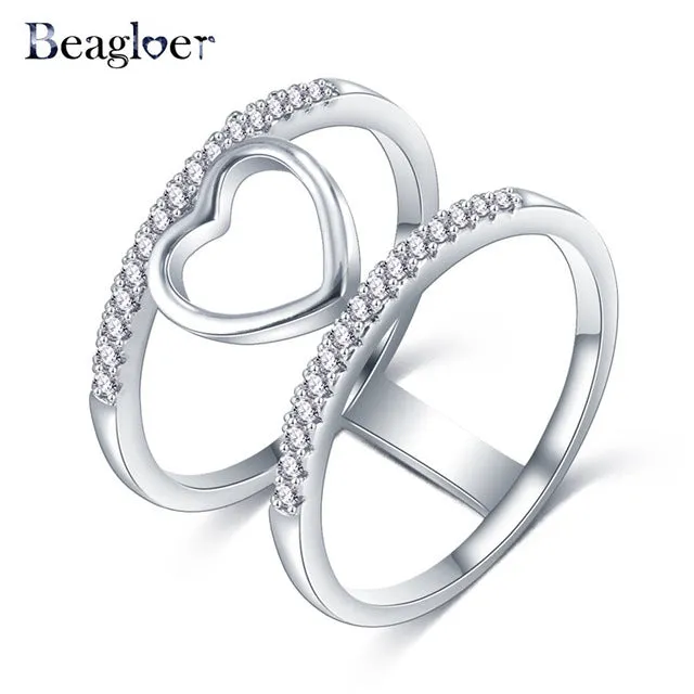 Beagloer Two-Tone Connected Rose Gold/Silver Color Love Heart Wedding Ring Promise Anillos CRI1035