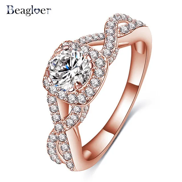 Beagloer Two-Tone Connected Rose Gold/Silver Color Love Heart Wedding Ring Promise Anillos CRI1035