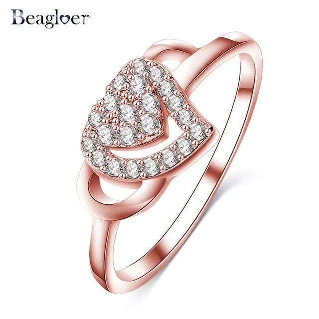 Beagloer Two-Tone Connected Rose Gold/Silver Color Love Heart Wedding Ring Promise Anillos CRI1035