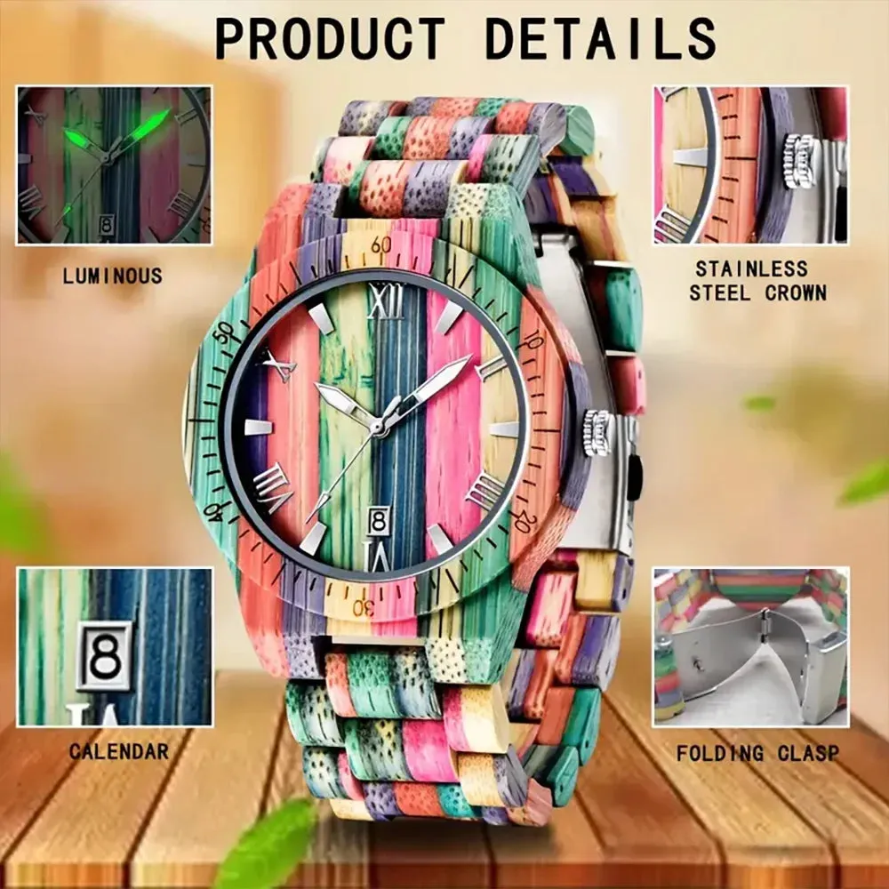 Calendar Square Dial Colorful Bamboo Natural Bracelet Wooden Viking Watch