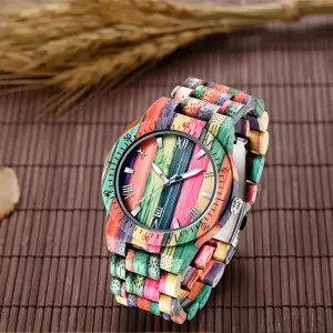 Calendar Square Dial Colorful Bamboo Natural Bracelet Wooden Viking Watch