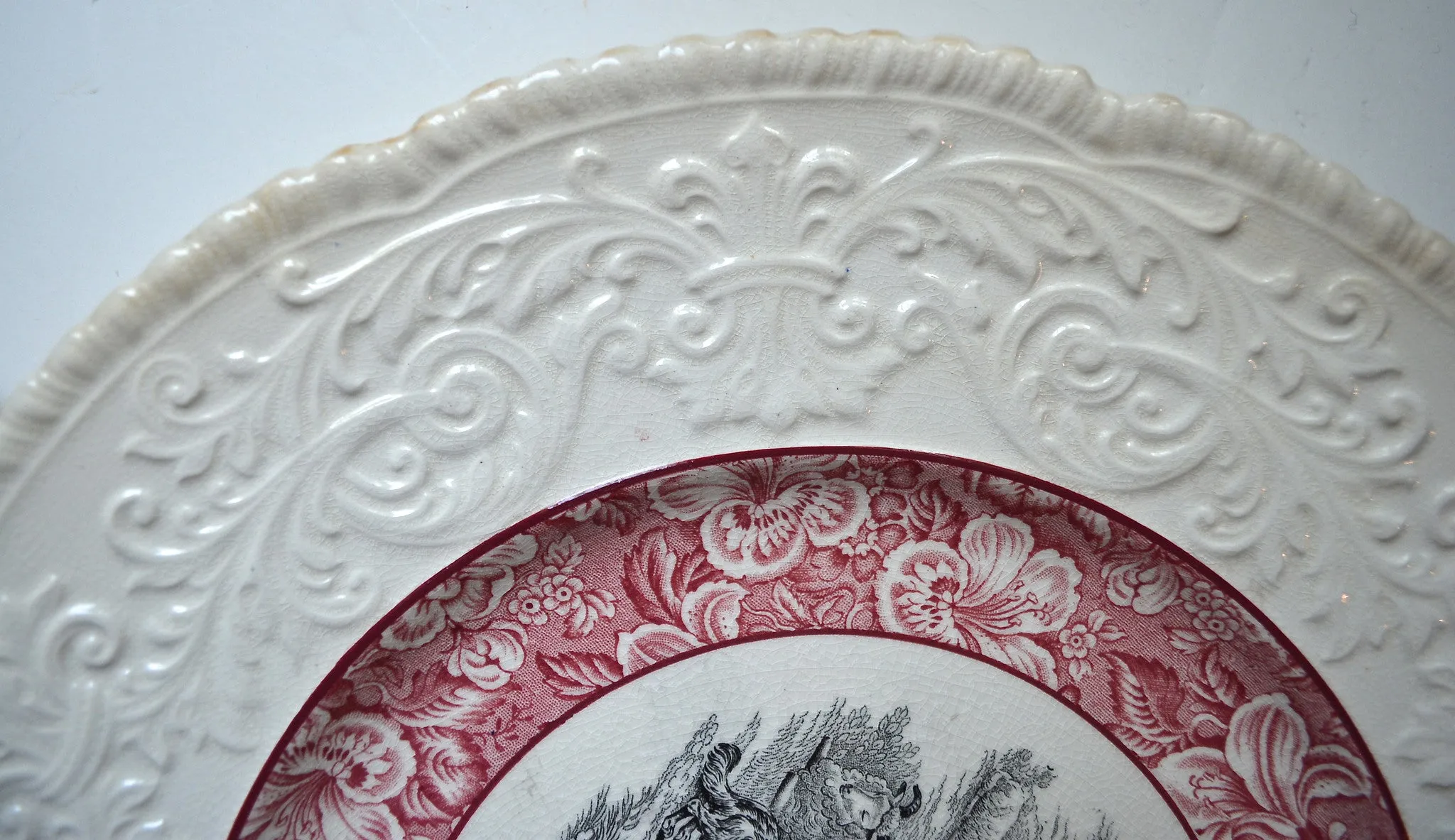 Circa 1930 Red & Black Two Color English Transferware Charger Round Platter Shepherd Boy and Sheep Embossed Border