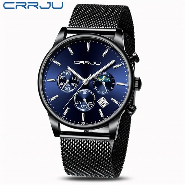 CRRJU New Blue Casual Mesh Belt Fashion Quartz Gold Watch Mens Watches Top Brand Luxury Waterproof Clock Relogio Masculino