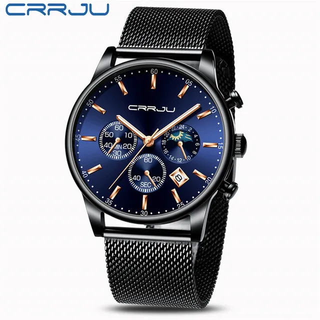 CRRJU New Blue Casual Mesh Belt Fashion Quartz Gold Watch Mens Watches Top Brand Luxury Waterproof Clock Relogio Masculino