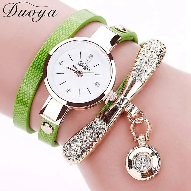 Duoya Women Bracelet Fashion Watch Gold Crystal Rhinestone Leather Dress Quartz Wristwatch Clock Ladies Vintage Luxury Watch