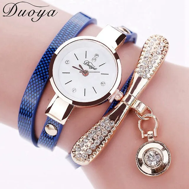 Duoya Women Bracelet Fashion Watch Gold Crystal Rhinestone Leather Dress Quartz Wristwatch Clock Ladies Vintage Luxury Watch