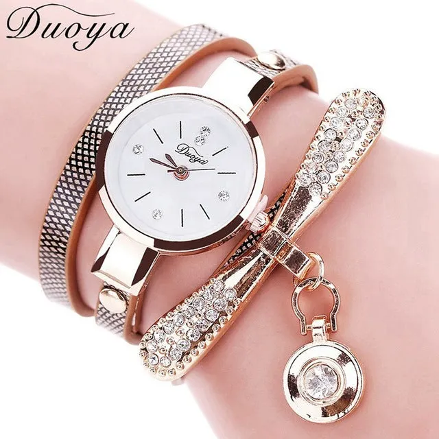 Duoya Women Bracelet Fashion Watch Gold Crystal Rhinestone Leather Dress Quartz Wristwatch Clock Ladies Vintage Luxury Watch