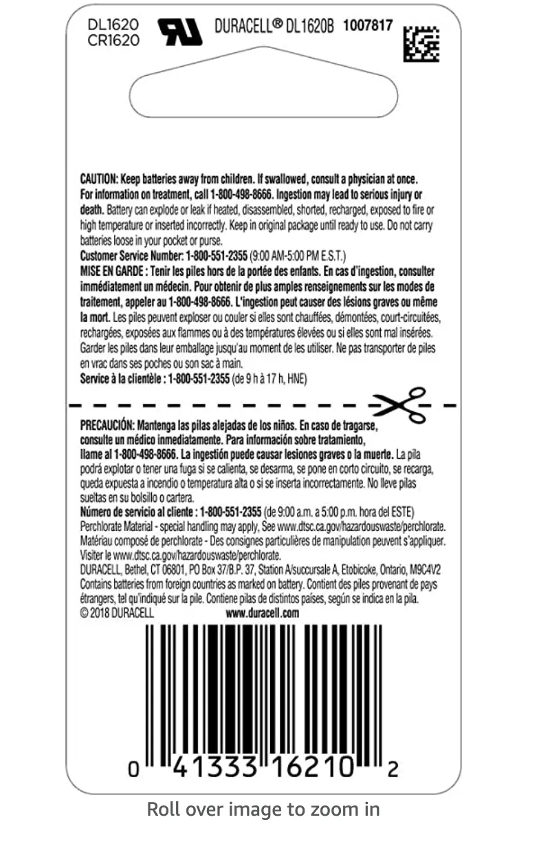 Duracell - 1620 3V Lithium Coin Battery - Long Lasting Battery - 1 Count