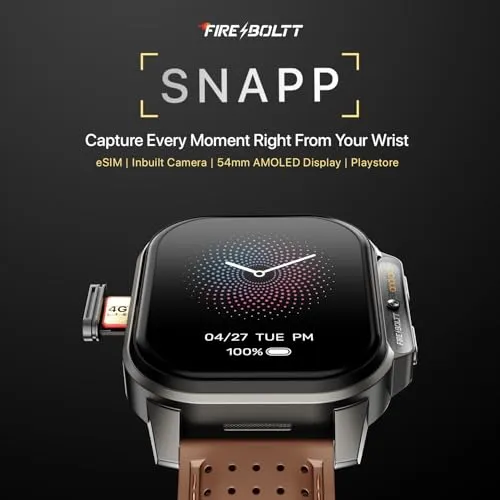 Fire-Boltt Snapp Smart Watch, Selfie Camera, 4G Nano-SIM Slot, 54.1mm AMOLED Display, Play Store- Unlimited apps, 1000mAh Battery, 2GB/4GB RAM   16GB/64GB ROM (Cocoa Brown)