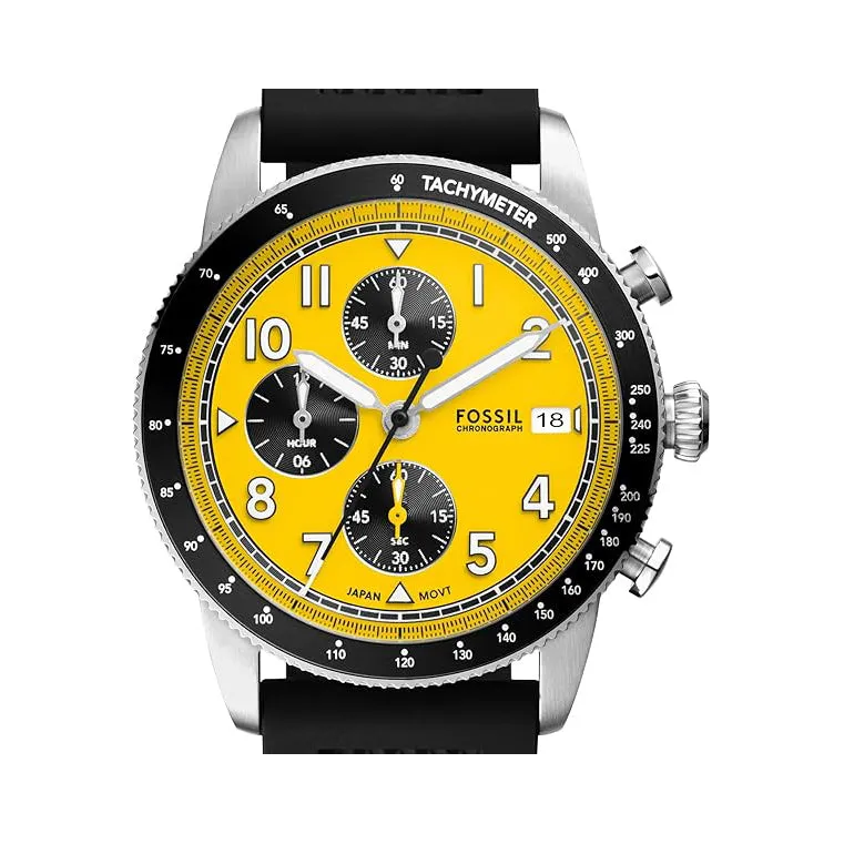 Fossil Men's Yellow Dial Black Silicone Band Analog Quartz Chronograph Sport Tourer Watch - FS6044