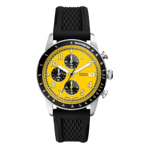 Fossil Men's Yellow Dial Black Silicone Band Analog Quartz Chronograph Sport Tourer Watch - FS6044