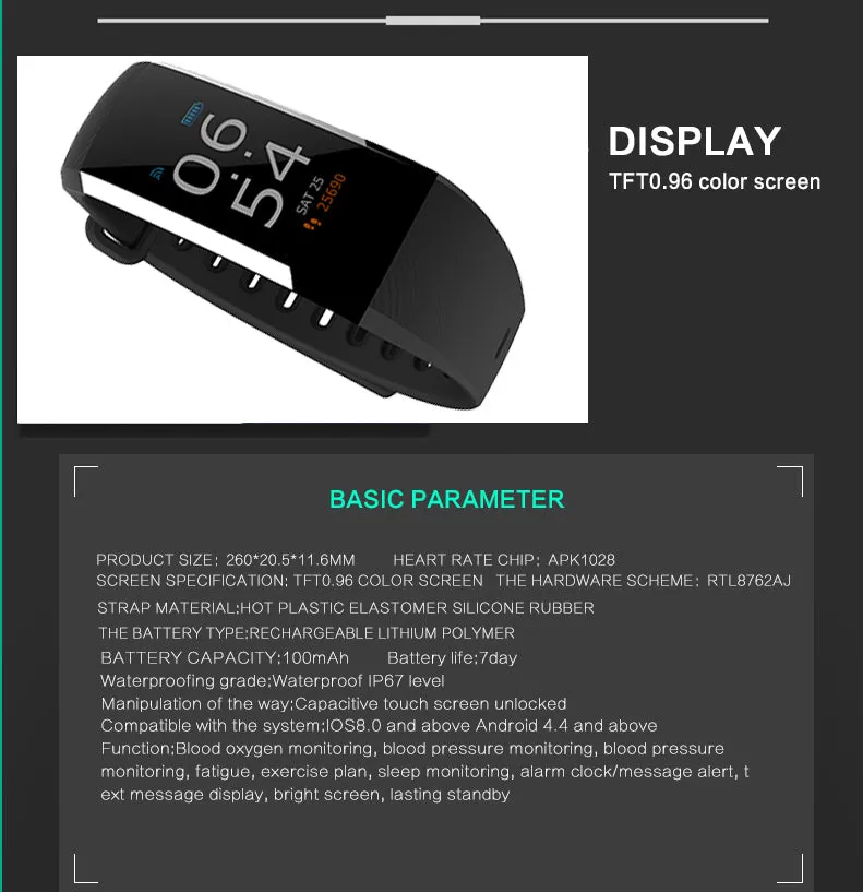 G19 Fitness Bracelet Smartwatch - tracks BP, Pedometer, Pulsometer and more