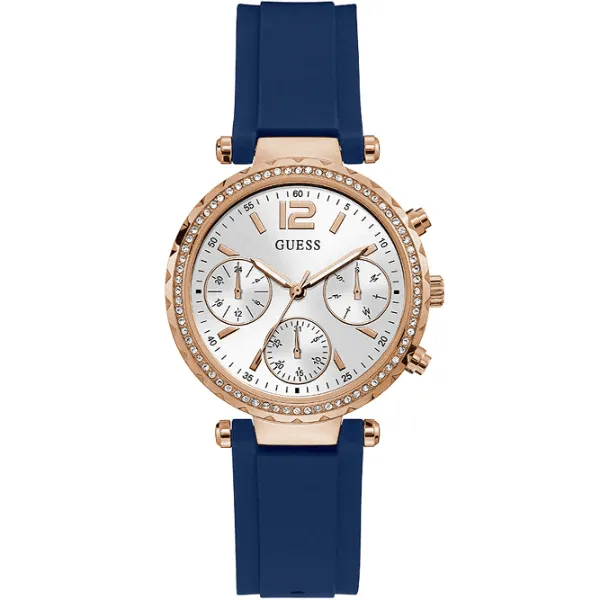 Guess Solstice Blue Silicone Strap Silver Dial Chronograph Quartz Watch for Ladies - GW0113L3