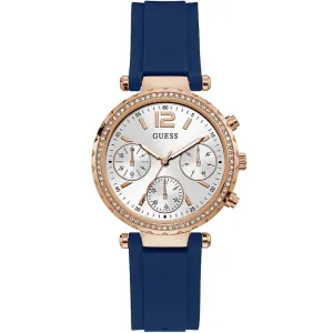 Guess Solstice Blue Silicone Strap Silver Dial Chronograph Quartz Watch for Ladies - GW0113L3