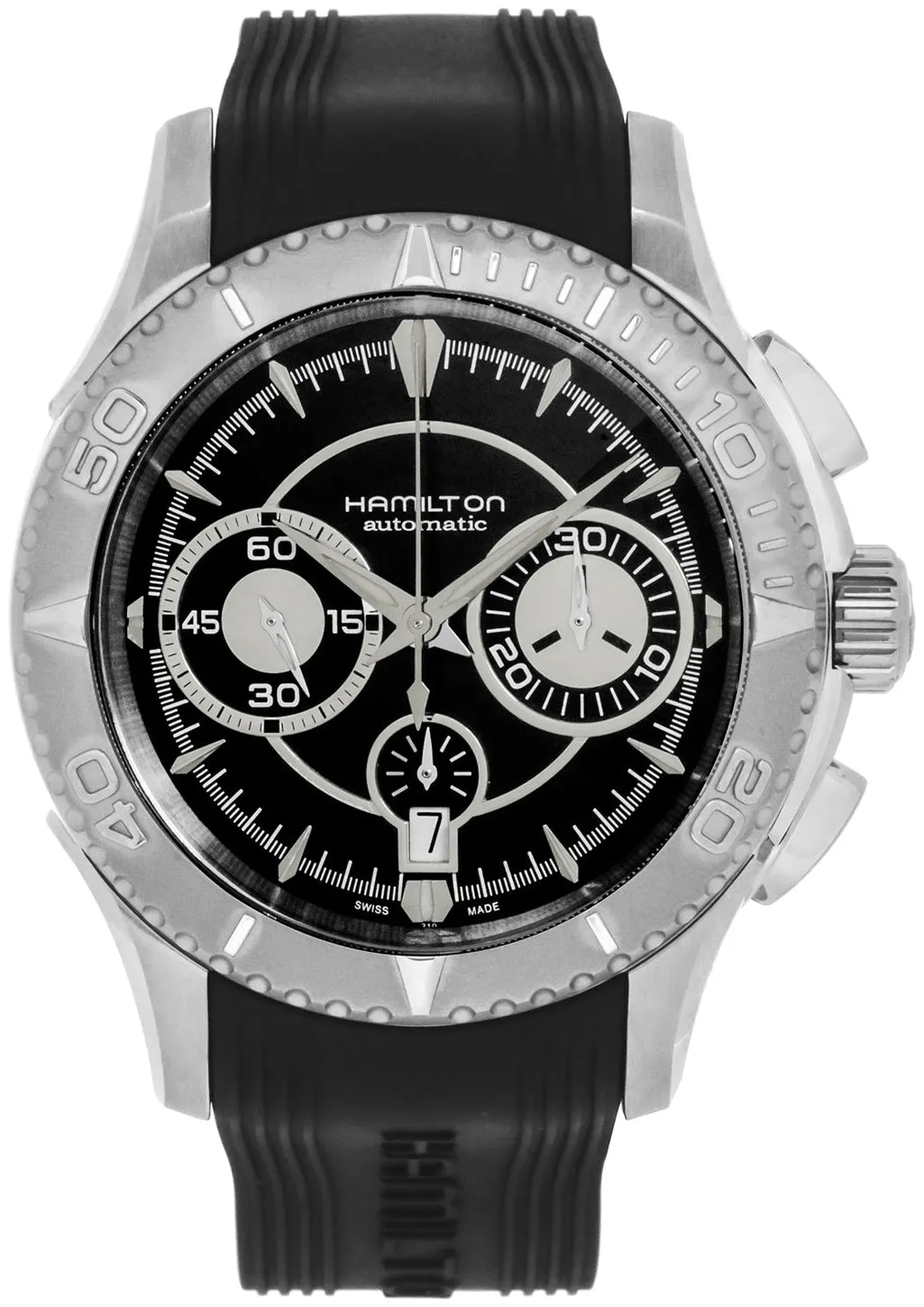 Hamilton Jazzmaster Seaview Stainless Steel Automatic Chronograph Date Black Rubber Strap Men’s Watch H37616331