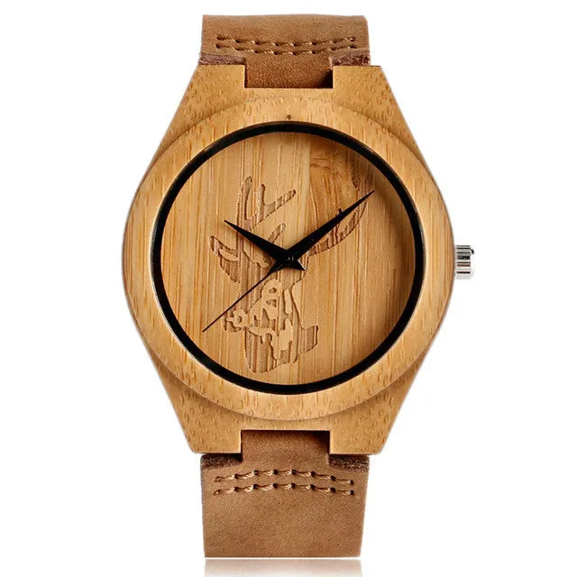 High Quality Handmade Moose Elk Deer Head Watches Natural Wooden Bamboo Clock Quartz Watches Men Women Hot Gifts Reloj de madera