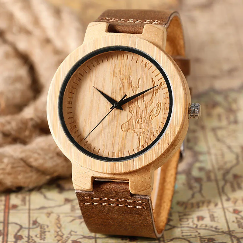 High Quality Handmade Moose Elk Deer Head Watches Natural Wooden Bamboo Clock Quartz Watches Men Women Hot Gifts Reloj de madera