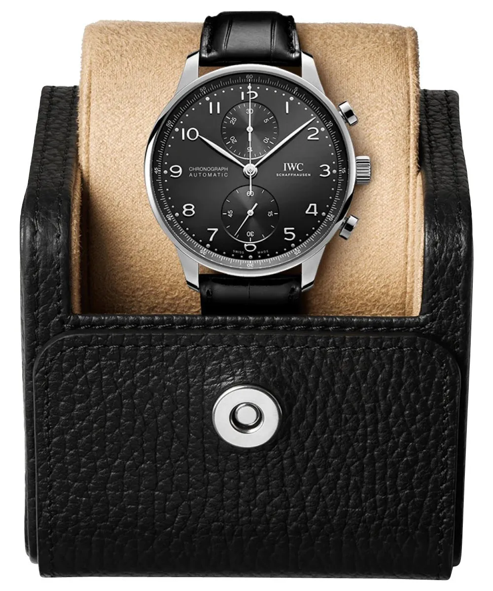 IWC Portugieser Automatic Chronograph Stainless Steel Black Dial Black Leather Strap Mens Watch IW371609