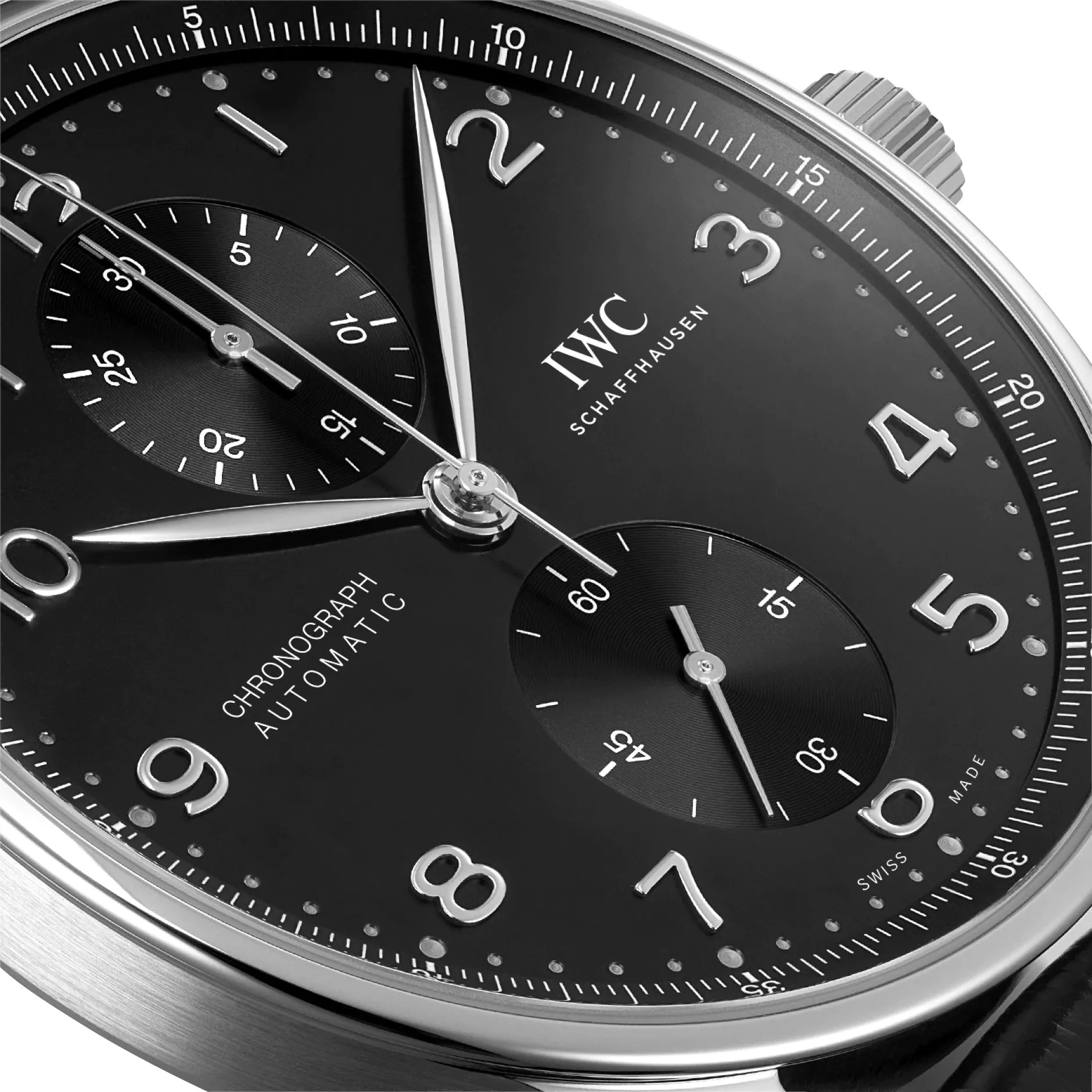 IWC Portugieser Automatic Chronograph Stainless Steel Black Dial Black Leather Strap Mens Watch IW371609