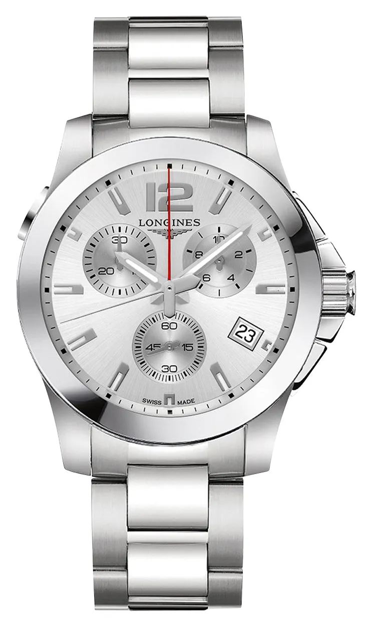 Longines Conquest Chronograph Stainless Steel Silver Dial Date Divers Quartz Mens Watch L3.702.4.76.6