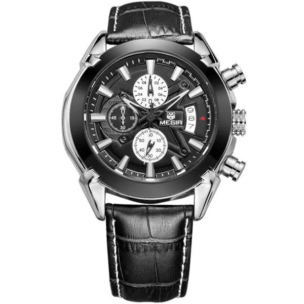 Luxury MEGIR Brand Genuine Leather Watches Chronograph 6 Hands 24 Hours Function Quartz Watch Men Wristwatch