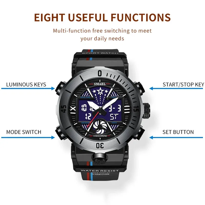 New SMAEL Dual Display Watch Military Quality Mens Sports Watches Digital Alarm 8051 Military Clock Shock Led Watch Waterproof