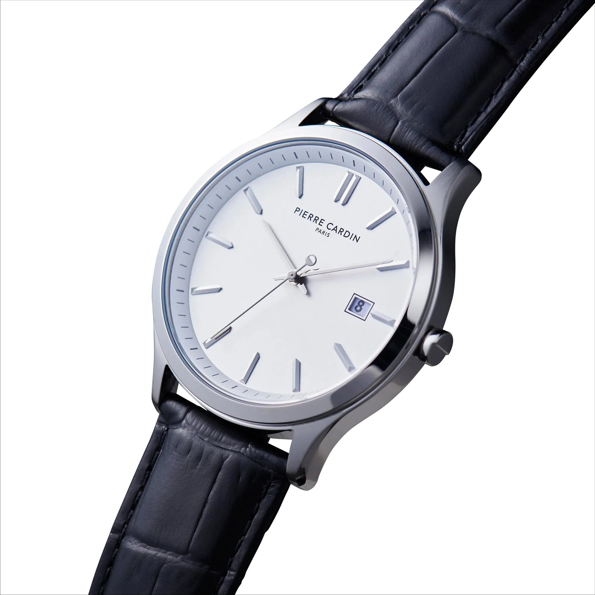 Épinettes Essential Stainless Steel Watch with Silver Dial and Black Leather Strap