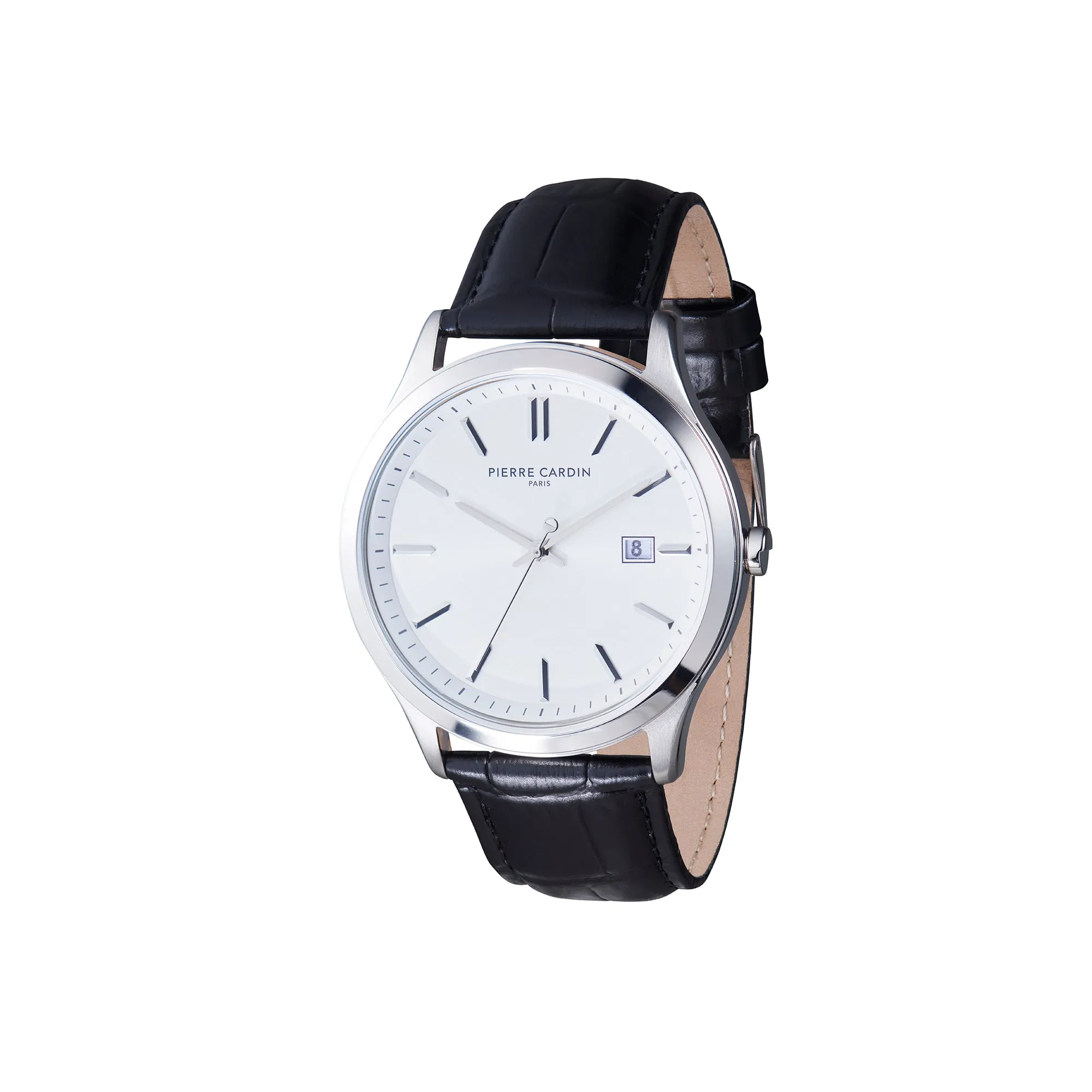 Épinettes Essential Stainless Steel Watch with Silver Dial and Black Leather Strap