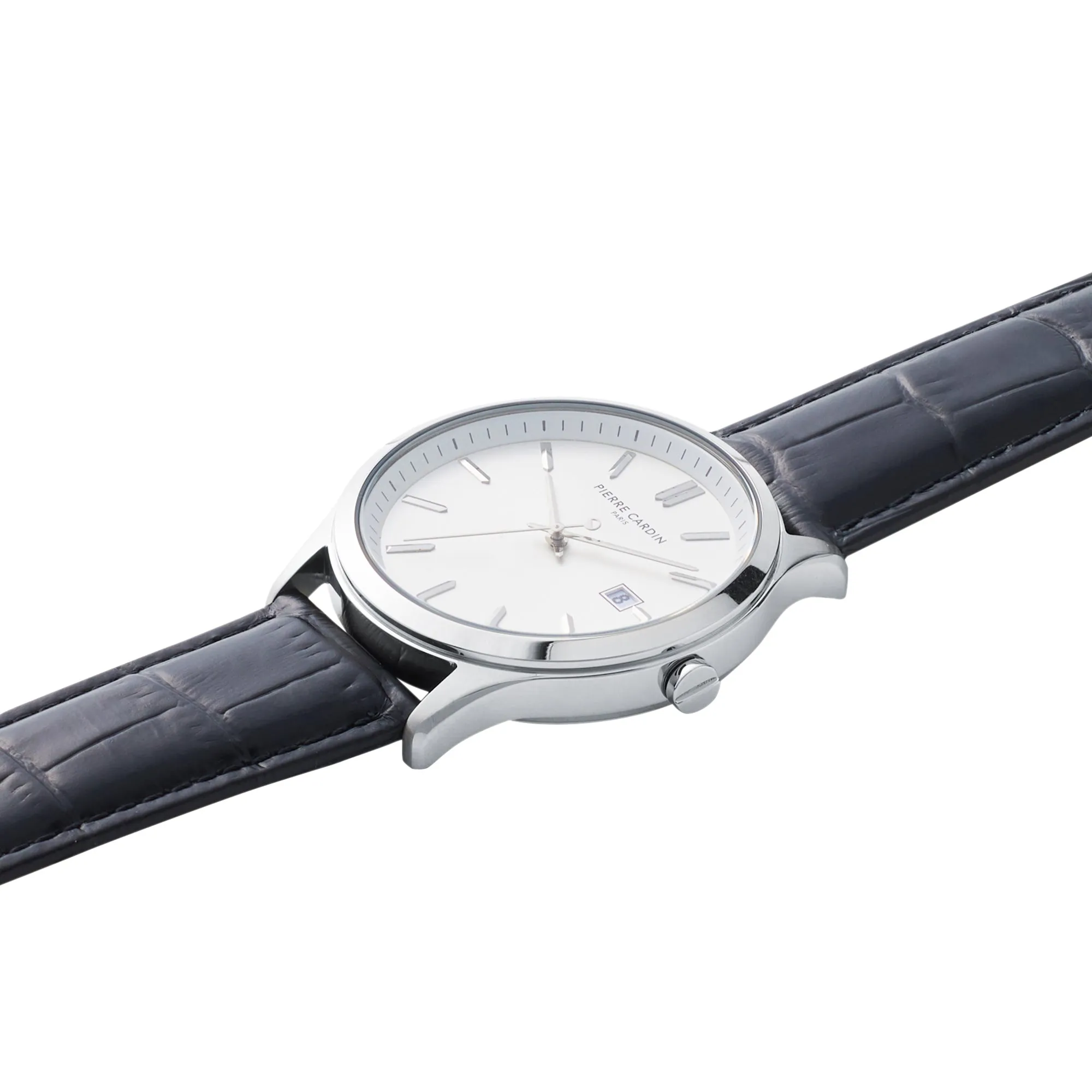 Épinettes Essential Stainless Steel Watch with Silver Dial and Black Leather Strap