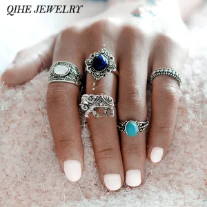 QIHE JEWELRY 5pcs/set Bohemian Style Elephant Blue Stone Silver Color knuckle Midi Ring Set BOHO Beach Jewelry