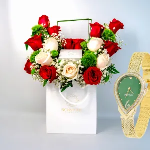 Red Flowers Arrangement with MARKATO Women Watch with Pear Shape with Green Dial