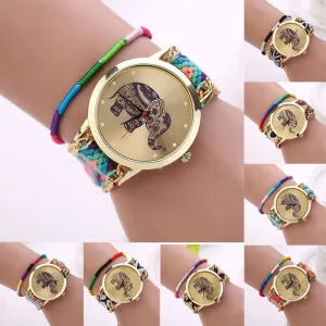 Sanwony New Women Girl Handmade Weaved Braided Elephant Bracelet Dial Quarzt Watches