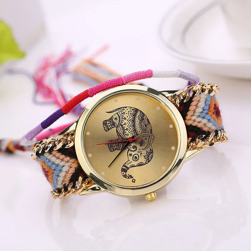 Sanwony New Women Girl Handmade Weaved Braided Elephant Bracelet Dial Quarzt Watches