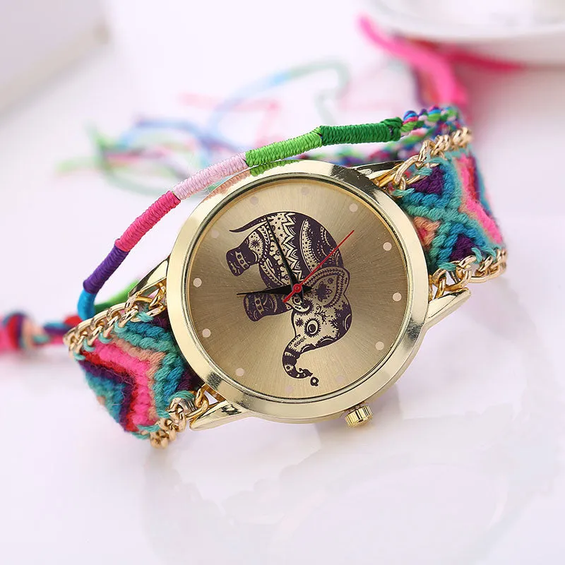 Sanwony New Women Girl Handmade Weaved Braided Elephant Bracelet Dial Quarzt Watches