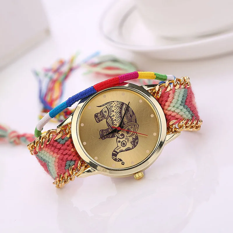 Sanwony New Women Girl Handmade Weaved Braided Elephant Bracelet Dial Quarzt Watches