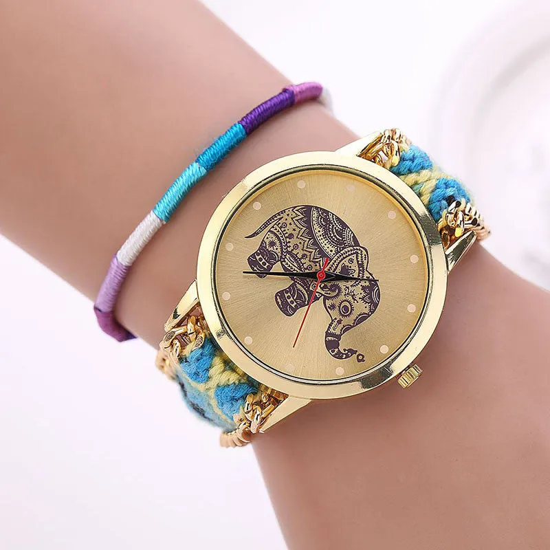 Sanwony New Women Girl Handmade Weaved Braided Elephant Bracelet Dial Quarzt Watches