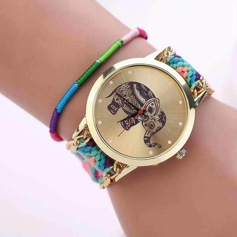 Sanwony New Women Girl Handmade Weaved Braided Elephant Bracelet Dial Quarzt Watches