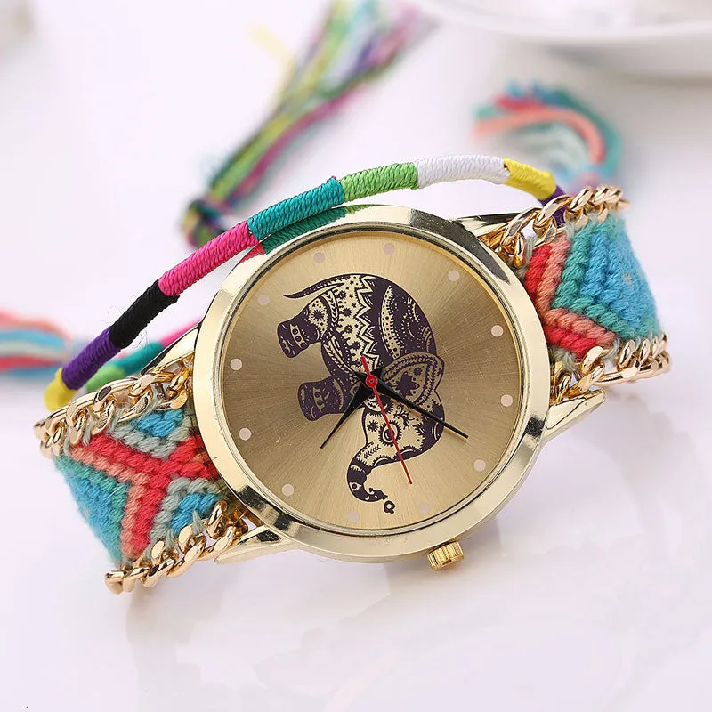 Sanwony New Women Girl Handmade Weaved Braided Elephant Bracelet Dial Quarzt Watches