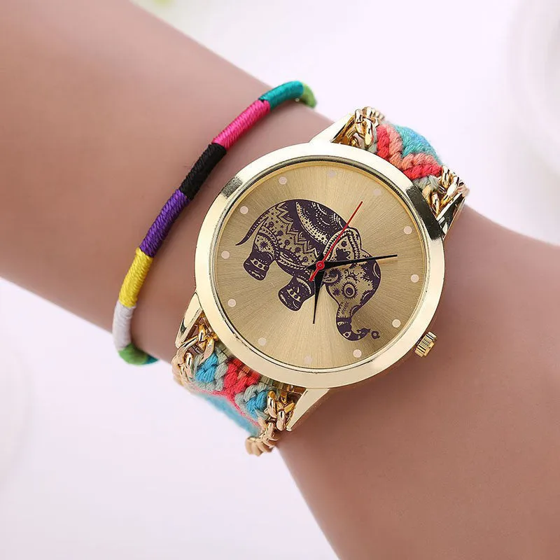 Sanwony New Women Girl Handmade Weaved Braided Elephant Bracelet Dial Quarzt Watches