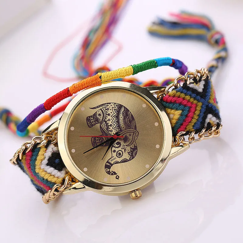 Sanwony New Women Girl Handmade Weaved Braided Elephant Bracelet Dial Quarzt Watches