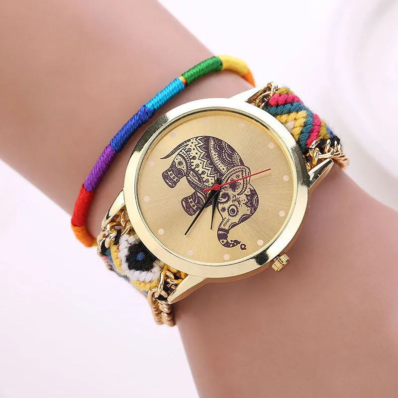 Sanwony New Women Girl Handmade Weaved Braided Elephant Bracelet Dial Quarzt Watches