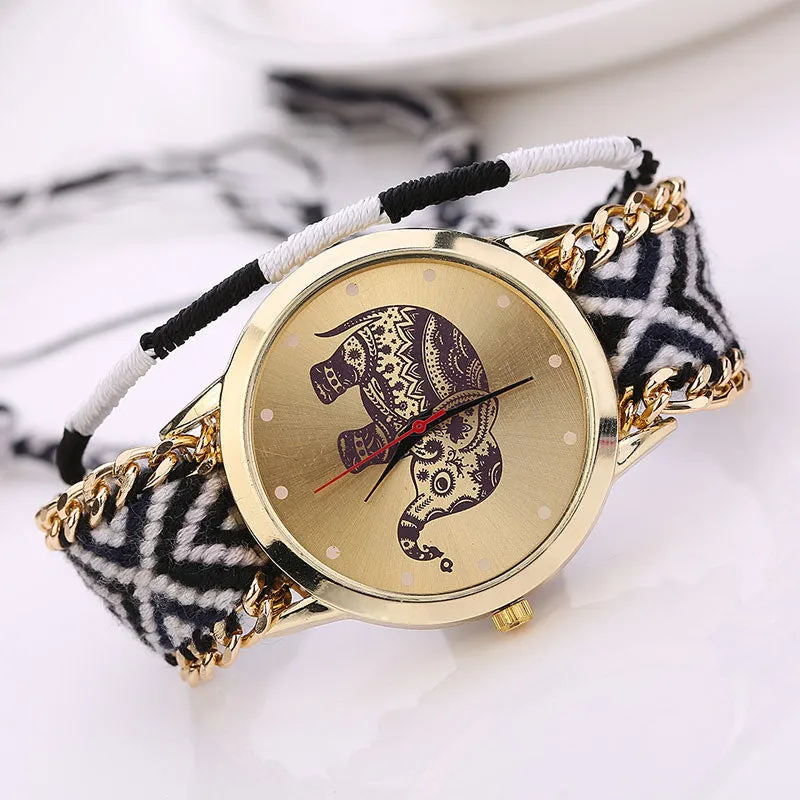 Sanwony New Women Girl Handmade Weaved Braided Elephant Bracelet Dial Quarzt Watches