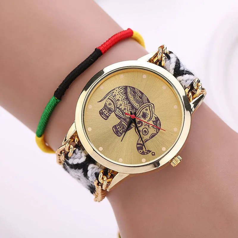 Sanwony New Women Girl Handmade Weaved Braided Elephant Bracelet Dial Quarzt Watches