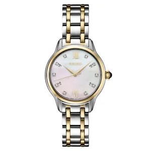 Seiko Women's Mother of Pearl Dial Silver Gold Band Stainless Steel Quartz Watch - SRZ540