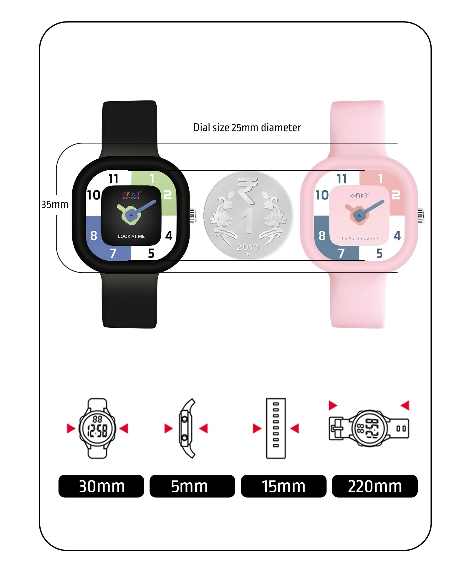 Spiky Square Analog Combo Watch for Kids - Black & Pink